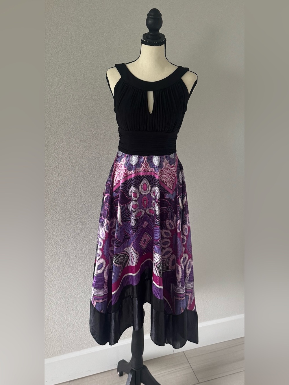 VTG Dress Barn Purple Paisley Mandala Halter Handkerchief Hem Midi Dress 6